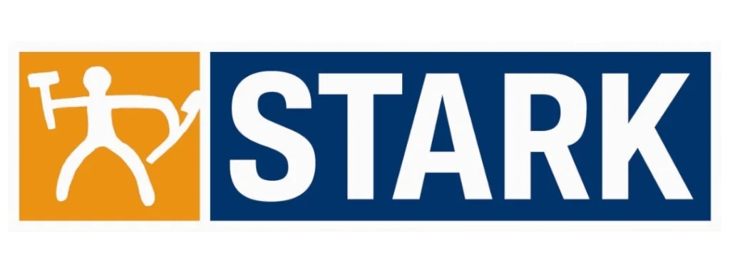 Stark Byggeri logo med orange og blå farver, symbol for byggeri og styrke.